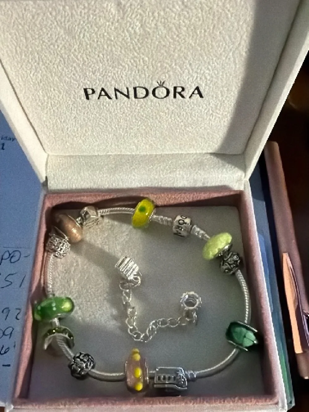 Pandora Sterling Silver Charm Bracelet with Green and Lime Murano Glass Beads